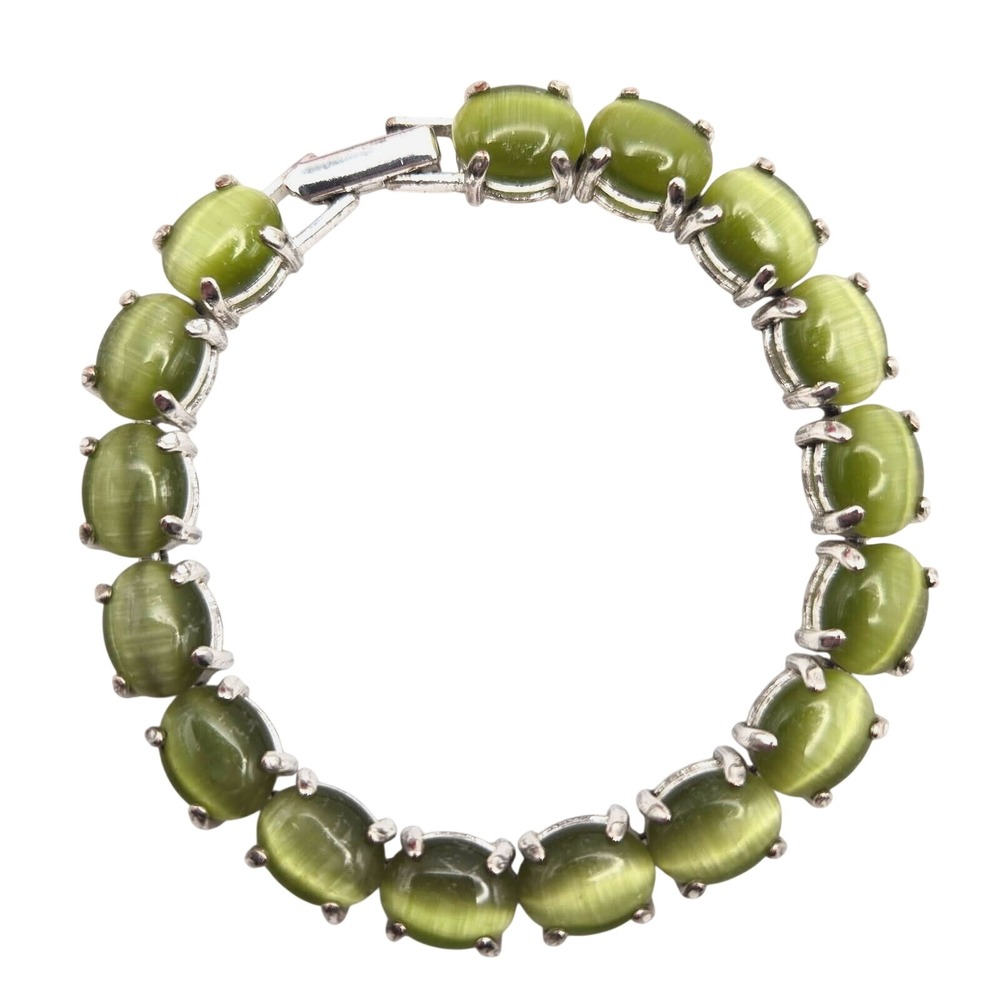 Silvertone 7" Bracelet with Prong Set Olive‎ Green Cats Eye Gemstones